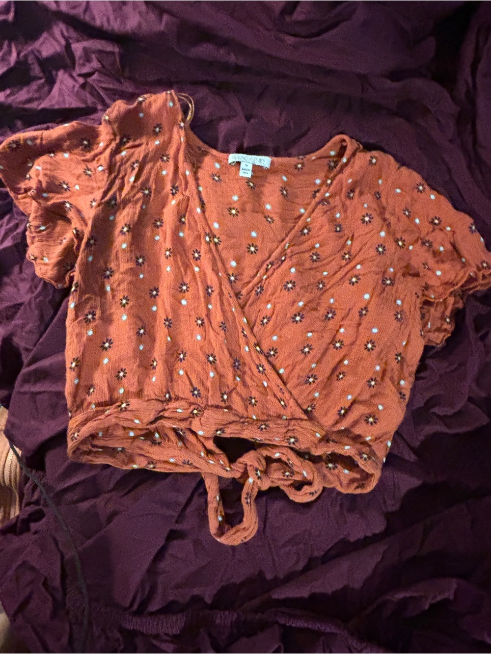 Patrons of Peace Rust Floral Tie-Front Crop Top